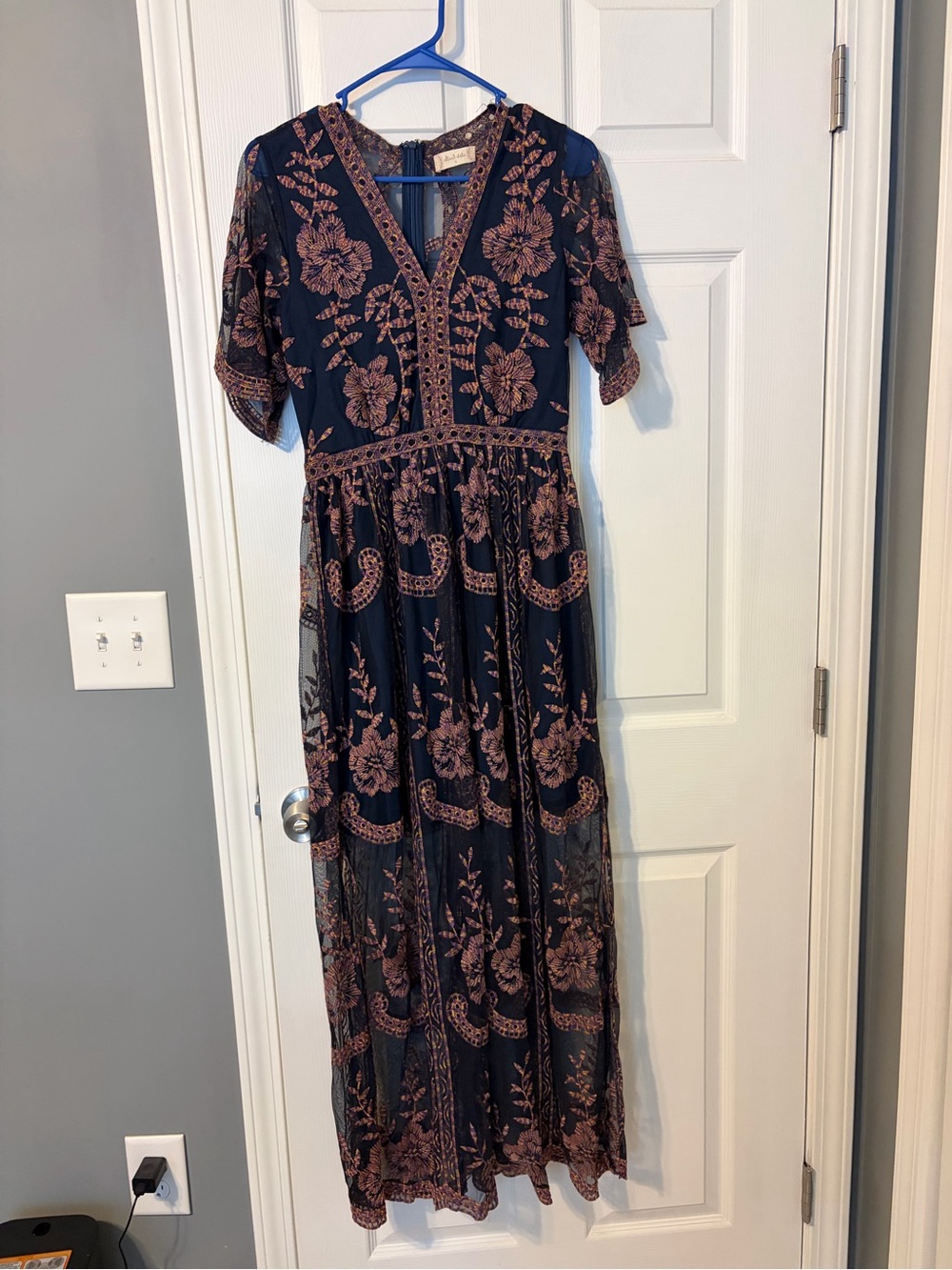 Altar'd State Navy Maxi Dress with Rose Embroidered Accents S